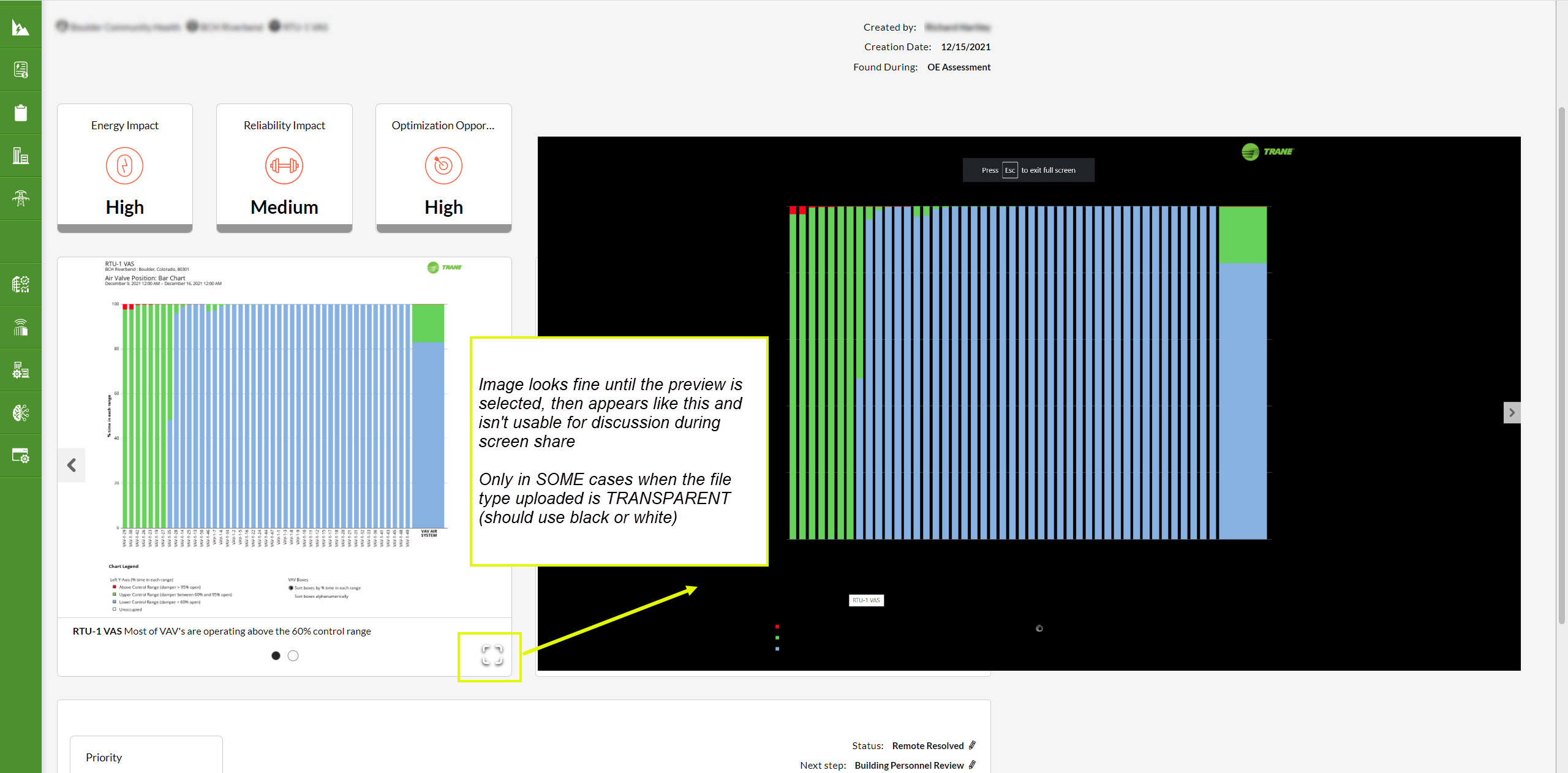 Trane Connect Image Preview Not Working in Issues/Findings Trane