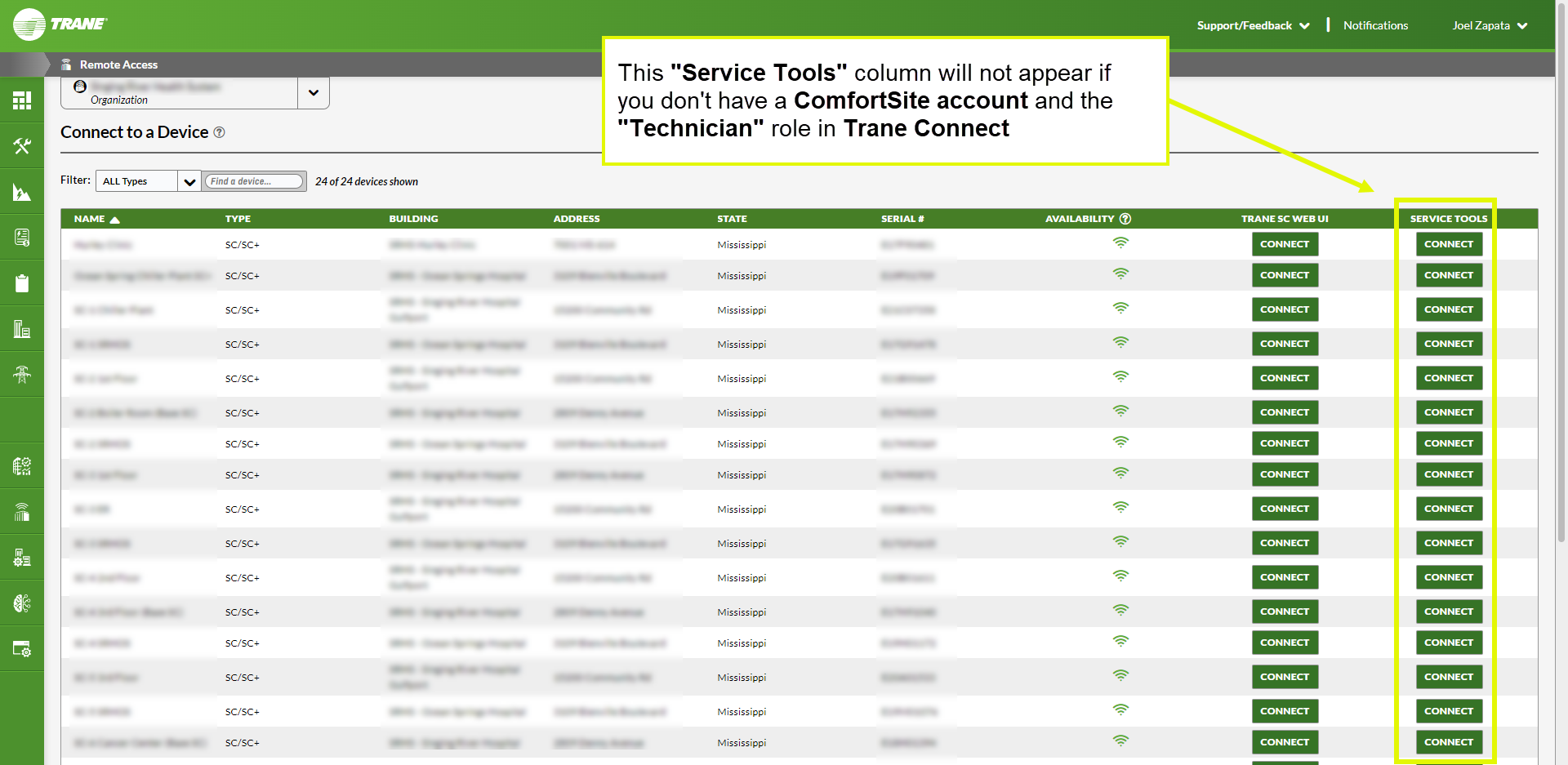 Remote Access Service Tools Column is Missing in Trane Connect